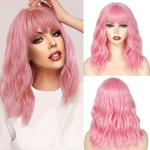 Short Pink Bob Wig with Bangs for Women Wavy Synthetic Wigs NWT